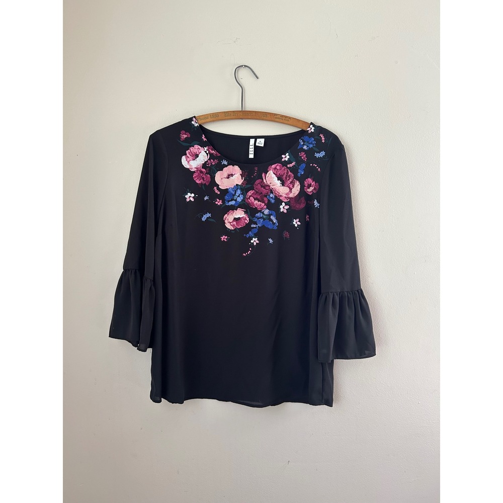 Elle Black Floral Blouse‎ Bell Sleeve 3/4 Sleeve Womens Top Size M